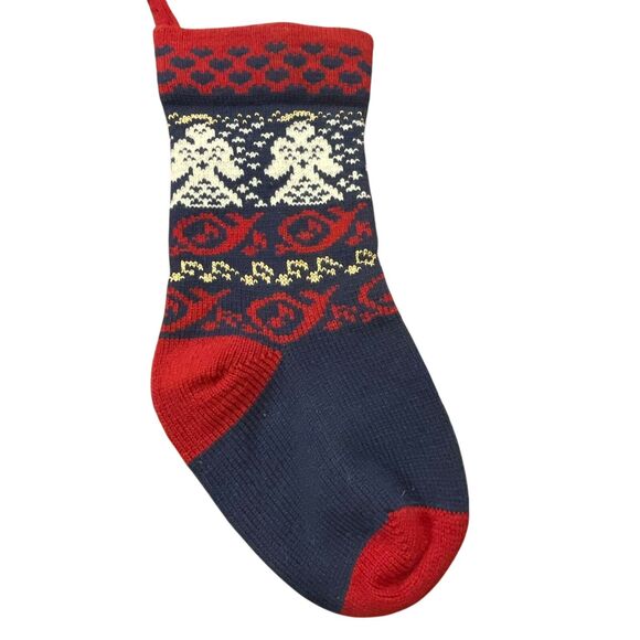 Vintage Knit Wool Stocking by Tungey Wood Wool Designs 17” Angles Red Blue Gold - Picture 1 of 7